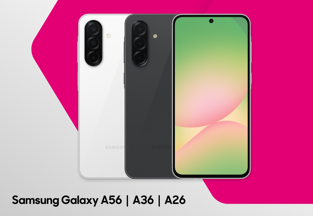 Obrázok zobrazujúci mobilné telefóny značky Samsung. Konkrétne ide o modely: A56, A36, A26.