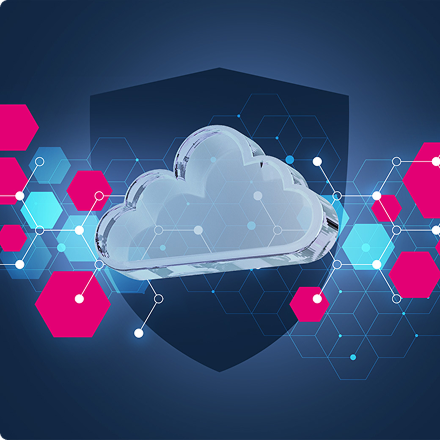 Cloudový symbol na pozadí s hexagónmi, služba bezpečného úložiska.