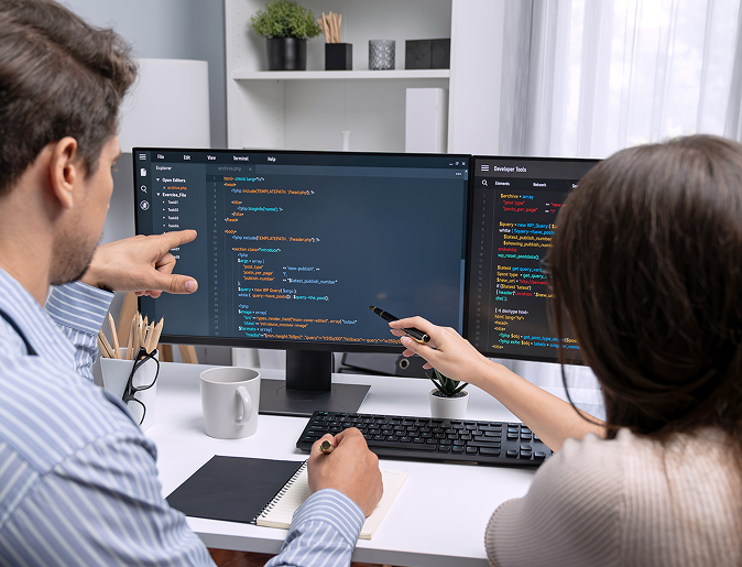 Dvaja IT špecialisti pri monitore analyzujúci kód na obrazovke – služba Vulnerability Scan & Assessment od Slovak Telekom.