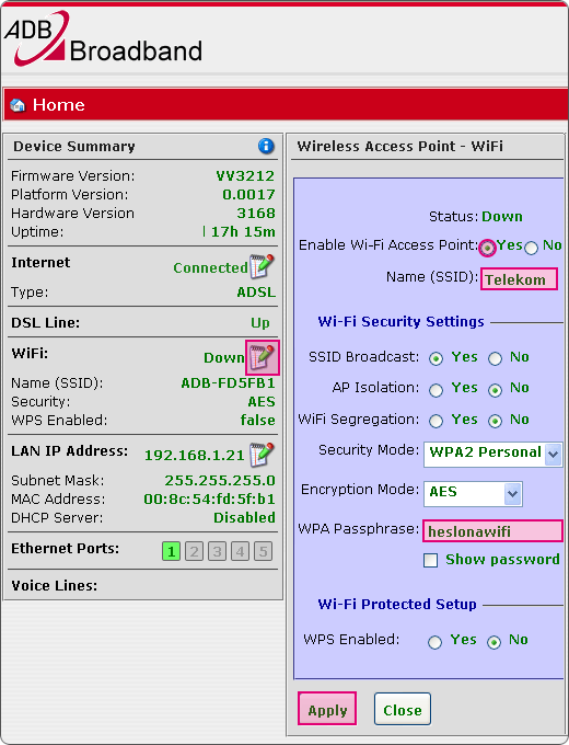 Telekom router  ADB VV3212 a problém s WiFi Segregation?